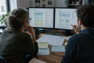Content strategist and developer comparing two webpage editing structures in a quiet digital studio.