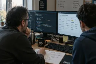 Two developers trace a secure Django lead-submission workflow in a modest technical support room.